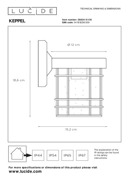 Lucide KEPPEL - Wandleuchte Innen/Außen - 1xE27 - IP23 - Schwarz - TECHNISCH